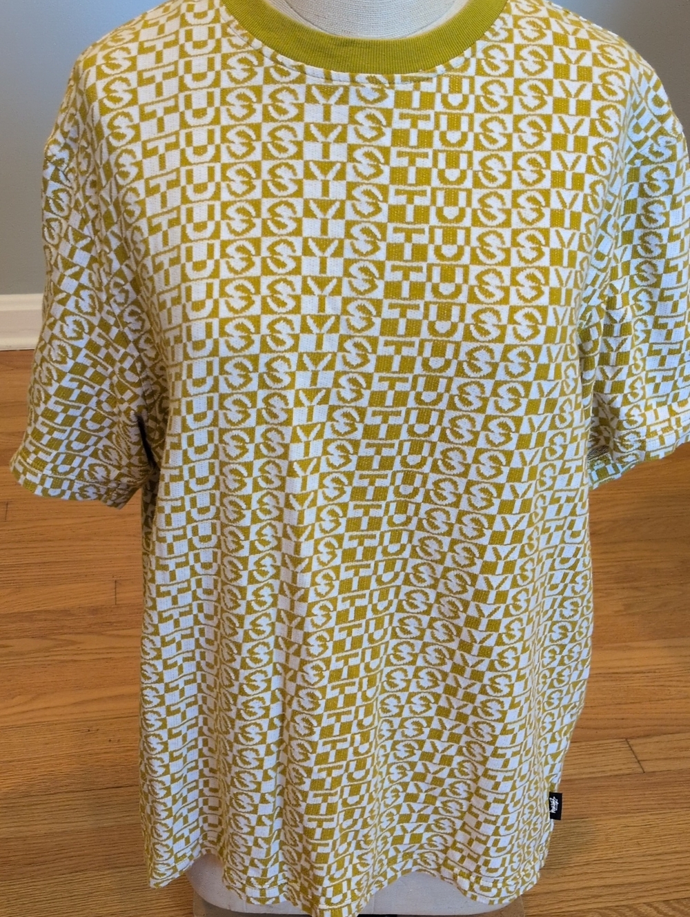 Stussy Check Crew Mustard Yellow and White Graphic Logo Knit Tee M
